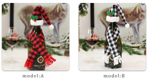 Christmas wine bottle decoration set featuring red and black plaid hat and scarf