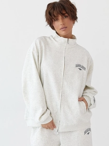 Detail of embroidered BADBLOOD logo on light gray cotton fleece zipper sweatshirt