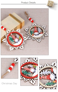 Detail of three-layer wooden snowflake ornaments with gnome design and red white beads