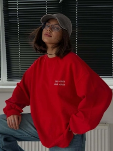 Women Oversized Sweatshirt Pure Cotton Letter Embroidery Crew Neck Long Sleeve Pullover Streetwear