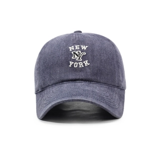 Vintage washed dark grey cotton baseball cap featuring 3D white New York embroidery