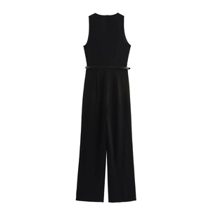 Elegant sleeveless black wide leg jumpsuit with matching waist belt for a formal office look