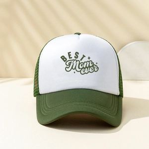 Fashionable mesh trucker hat with BEST MOM EVER text in dark green and white color block