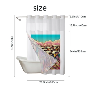 Detail of waterproof shower curtain with colorful ostrich print and 188x180cm size info