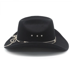 Detail of black cowboy hat featuring metal air eyelets and white braided decorative rope