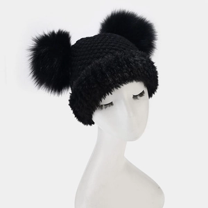 Women Winter Knitted Beanie Hat With Faux Fur Pom Poms Thick Thermal Fleece Lining Cable Knit Warm Outdoor Cap