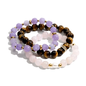 Three-piece stainless steel beaded bracelet set with amethyst, tiger eye, and pearls