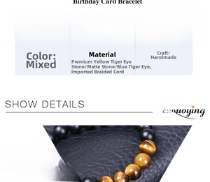 Détail macro des perles en oeil de tigre et pierre mate sur bracelet tressé ajustable