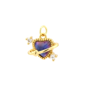 Detail of gold heart planet pendant with purple crystal and zircon stone inlays