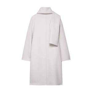 Minimalist ivory wool blend long coat with matching scarf collar design