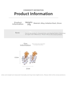 Size chart for gold flower pearl tassel earrings showing 6.5cm height and materials