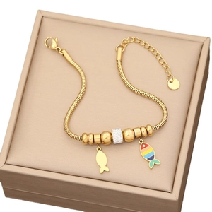Fashionable gold stainless steel snake chain bracelet with colorful fish pendants and crystals
