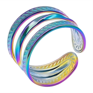 Close-up of rainbow gradient multi-layer ring with textured tire pattern and open band
