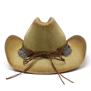 Detail of hand-woven straw cowboy hat featuring ethnic beaded band and grey tassel accent