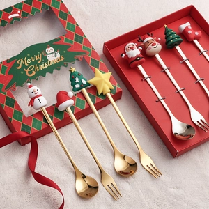 Christmas themed stainless steel gold spoons and silver forks set with silicone figures