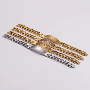 Set of four stainless steel Cuban chain bracelets with gold and silver greek pattern plates