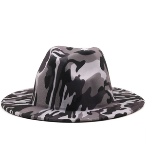 Front view of camouflage fedora hat with flat brim and wool-like textured finish