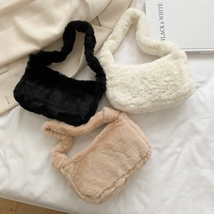 Sac sous le bras pour Femme en Peluche Fausse Fourrure Hiver Style Coréen Simple Petit Sac à Épaule Couleur Unie avec Fermeture Éclair