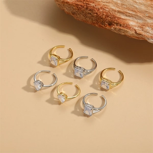 Minimalist Adjustable Copper Ring Zirconia Inlaid Geometric Square Waterdrop Pear Shape Stone Finger Jewelry For Women Gold Silver