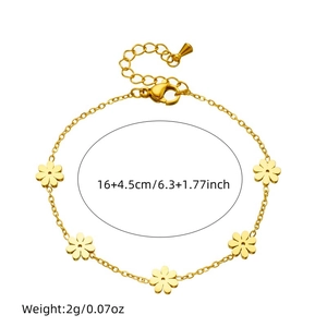 Gold plated stainless steel daisy flower bracelet with 16+4.5cm length and five charms
