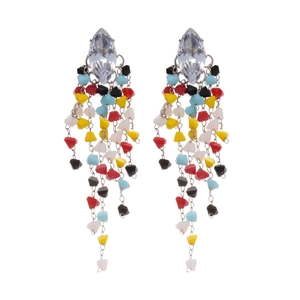 Silver drop earrings with colorful crystal beads and bohemian tassels on white background