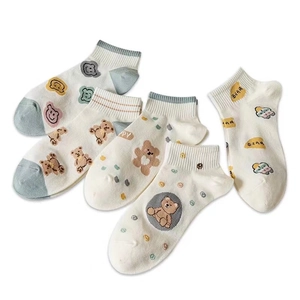 Set of five white low-cut cotton socks with cute cartoon bear and heart patterns