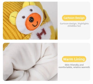 Close-up of yellow knit kids hat with cartoon bear patch and warm white fleece lining