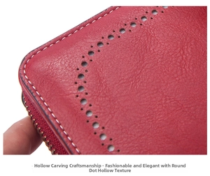 Red leather long wallet detail, fine hollow out dots pattern, delicate zipper craftsmanship.