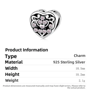 Detailed specs of S925 silver heart charm with pink zircon and LOVE engraving