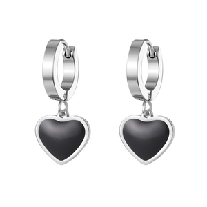 Detailed close-up of heart-shaped stainless steel hoop earrings with black enamel inlay