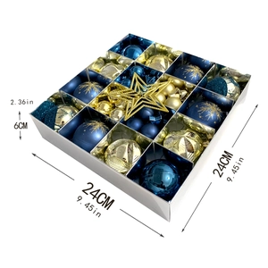 Blue and gold Christmas ornaments set in 24x24x6cm silver box with size dimensions