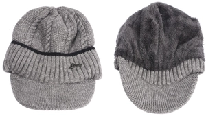 Detailed view of the thick gray cable knit beanie with warm fleece lining and brim