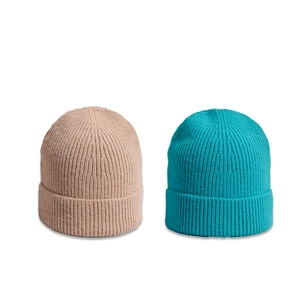 Minimalist ribbed knit beanies in beige and lake blue colors for autumn and winter