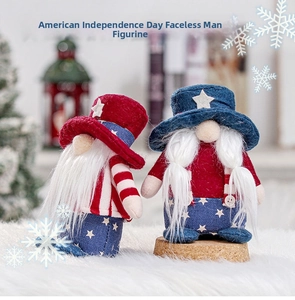 Close-up of USA Independence Day faceless gnomes with patriotic red, white and blue patterns