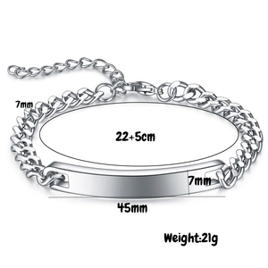 Technical drawing of stainless steel bracelet showing 45x7mm plate and 22+5cm length