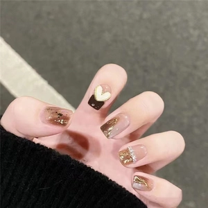Amber Marble Press On Nails With Gold Foil Rhinestone Heart Charms Long Round Shape Artificial False Nails For Women