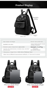 Size specifications and features chart for women's large capacity travel backpack