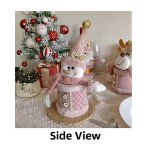 Side view of a pink sequined Christmas snowman gift container with a knitted hat