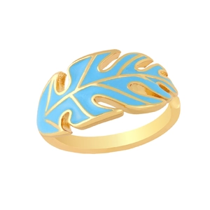 Macro detail of gold monstera leaf ring with vibrant sky blue enamel inlay design