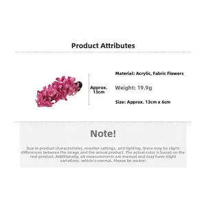 Detail view of pink fabric flower hair clip with acrylic base and 13cm size specs