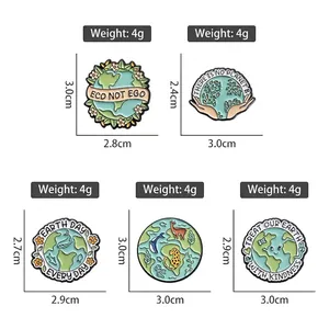 Eco-friendly enamel pins with Earth, forest, and animal motifs showing size dimensions