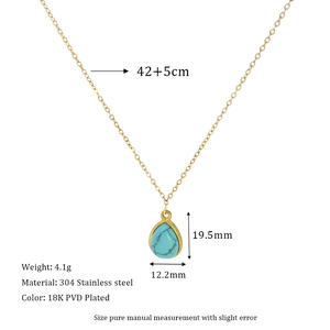 Detailed technical diagram of 18K gold plated necklace with turquoise teardrop pendant size