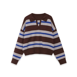 Fashionable striped knit polo sweater with long sleeves and classic V-neck collar design
