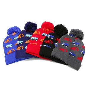 Kids Warm Knit Beanie Hat Excavator Construction Vehicle Jacquard Winter Pom-Pom Cap For Boys Toddler Casual Outdoor Fashion