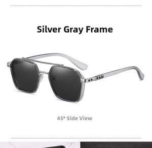 Detailed 45-degree side view of silver gray aviator sunglasses with vintage double bridge