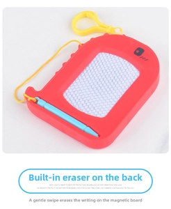 Close-up of portable red magnetic drawing board for kids with stylus and hanging hook