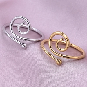 Irregular 304 stainless steel spiral open ring with polished beads in gold and silver