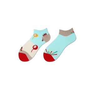 Detail of low-cut cotton socks featuring hot air balloon illustration and sunset pattern