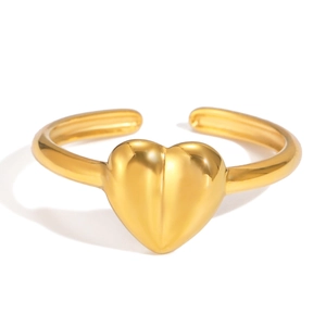 Detailed view of a gold heart-shaped open ring featuring a polished metallic finish