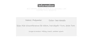 Size chart for baseball cap showing 56-60cm circumference and polyester fabric details